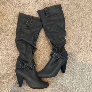 Grey knee high boots